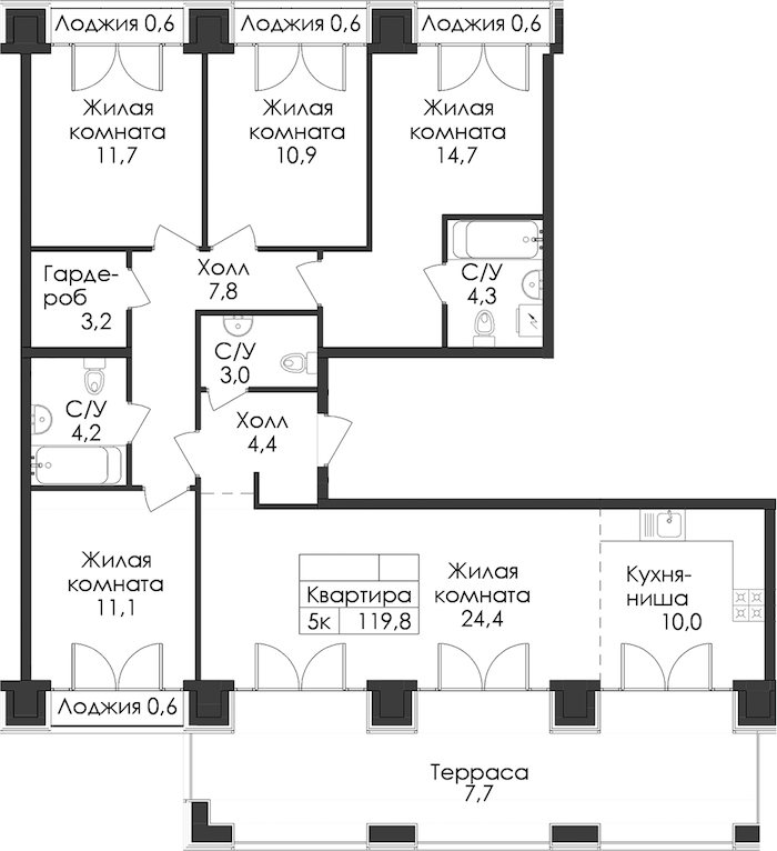 4-комнатная квартира 119.8 м², 9/9 эт., ЖК «Лермонтовский 54»